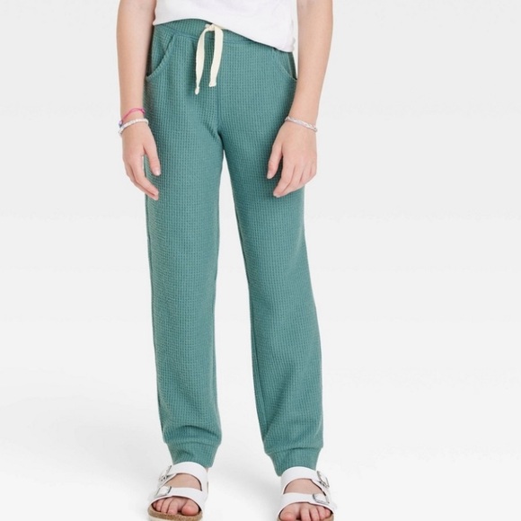Cat & Jack Girls Dusty Green Waffle Knit Drawstring Joggers Pockets XL (14/16) - Picture 2 of 2